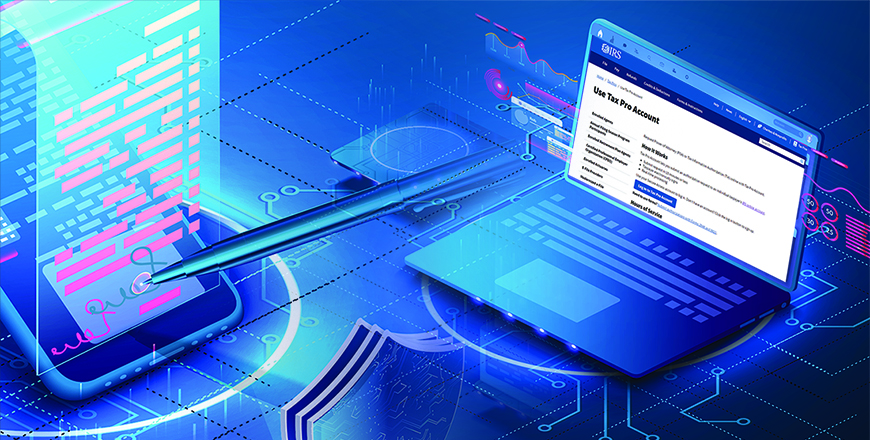 Laptop with Tax Pro Account webpage open on a cyber landscape