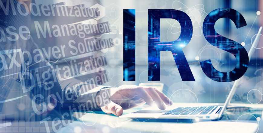 Words with "Digitization" on the left with hand at laptop behind "IRS"